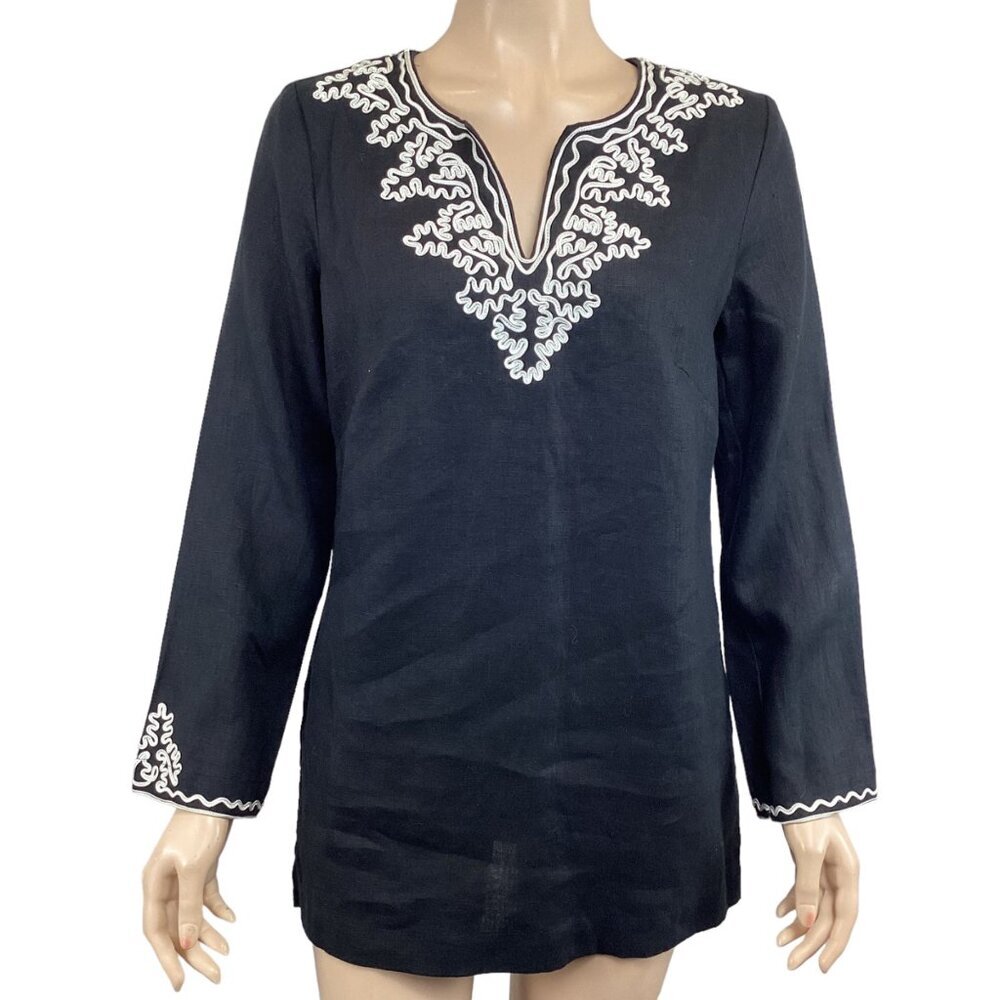 Madison Embroidered Black 100% Linen‎ Tunic Top Small Long Sleeve Black
